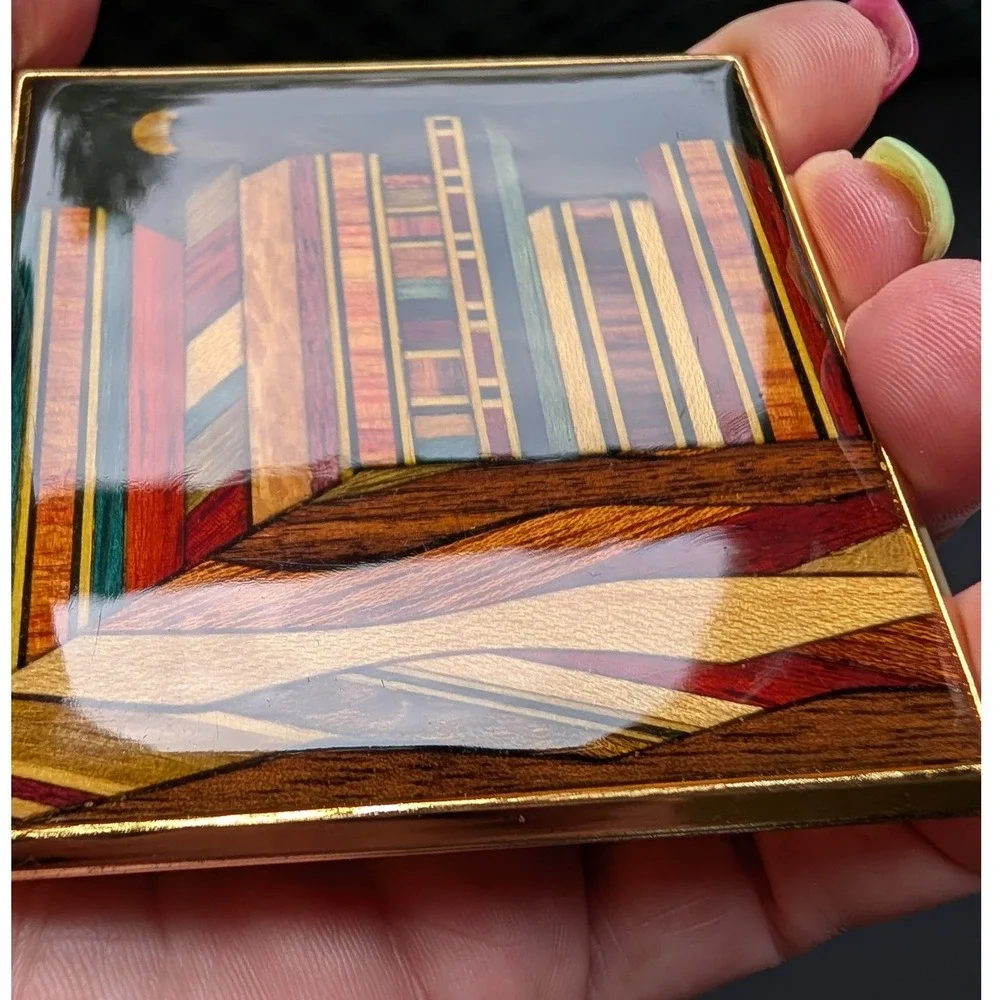Vintage Gold Tone Cityscape w Moon Marquetry Resin Square Makeup Compact Mirror